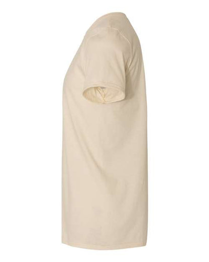 Gildan 64000 Softstyle T-shirt in Natural, side view showing the short sleeve and hem.