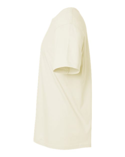 Gildan 64000 Softstyle T-shirt in Off White, side view showing the short sleeve and hem.
