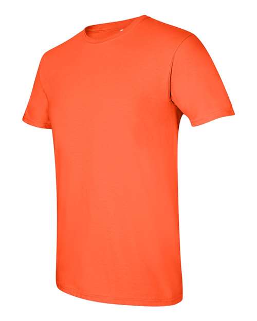 Gildan 64000 Softstyle T-shirt in Orange, angled front view showing the crew neckline and short sleeves.