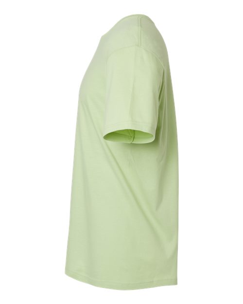Gildan 64000 Softstyle T-shirt in Pistachio, side view showing the short sleeve and hem.