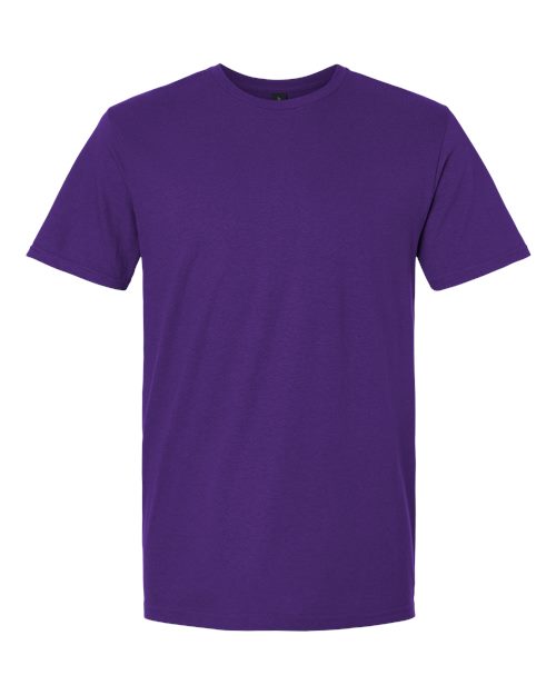 Gildan 64000 Softstyle T-shirt in Purple, front view showing the crew neckline and short sleeves.