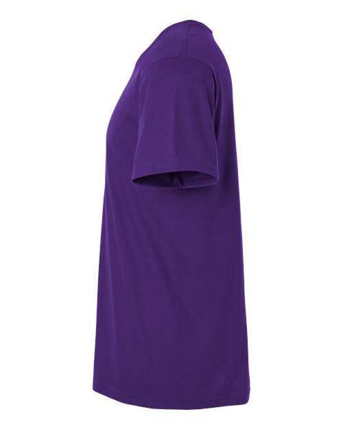 Gildan 64000 Softstyle T-shirt in Purple, side view showing the short sleeve and hem.