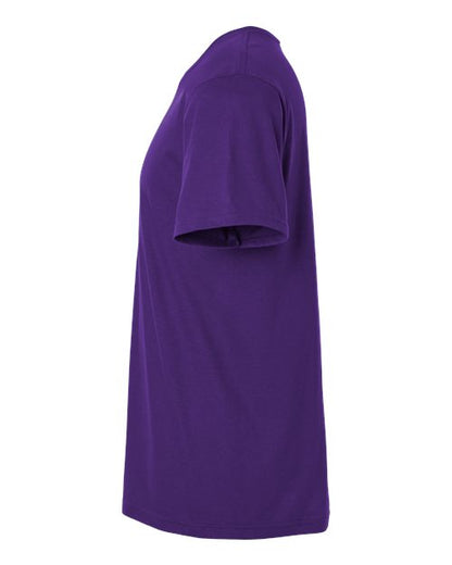 Gildan 64000 Softstyle T-shirt in Purple, side view showing the short sleeve and hem.