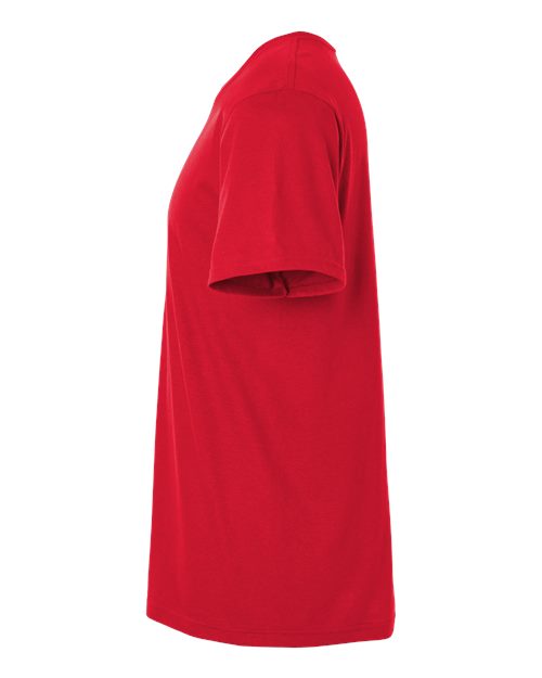 Gildan 64000 Softstyle T-shirt in Red, side view showing the short sleeve and hem.