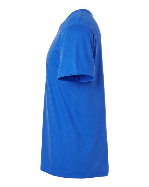 Gildan 64000 Softstyle T-shirt in Royal, side view showing the short sleeve and hem.