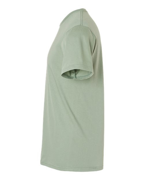 Gildan 64000 Softstyle T-shirt in Sage, side view showing the short sleeve and hem.