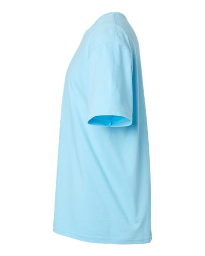 Gildan 64000 Softstyle T-shirt in Sky, side view showing the short sleeve and hem.