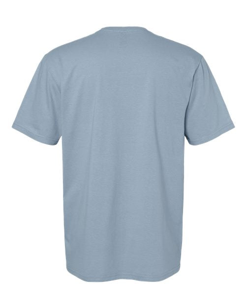 Gildan 64000 Softstyle T-shirt in Stone Blue, back view showing the neckline and short sleeves.