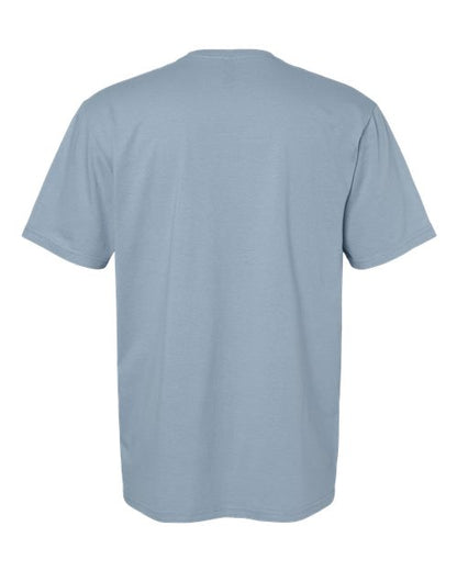 Gildan 64000 Softstyle T-shirt in Stone Blue, back view showing the neckline and short sleeves.