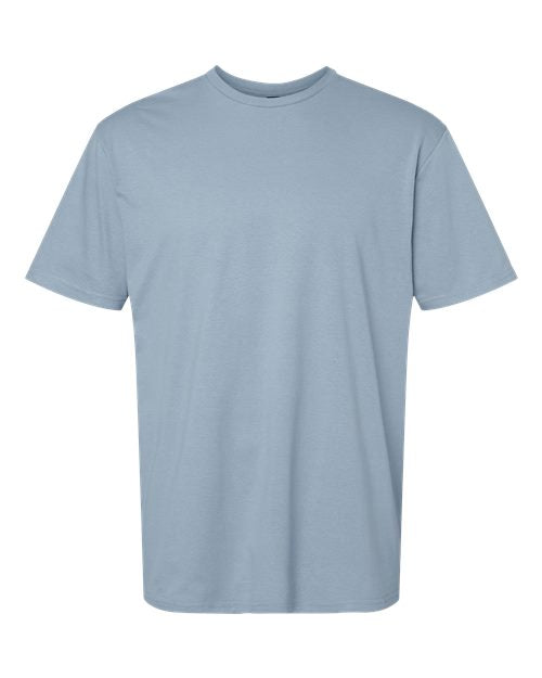 Gildan 64000 Softstyle T-shirt in Stone Blue, front view showing the crew neckline and short sleeves.