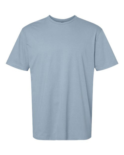 Gildan 64000 Softstyle T-shirt in Stone Blue, front view showing the crew neckline and short sleeves.