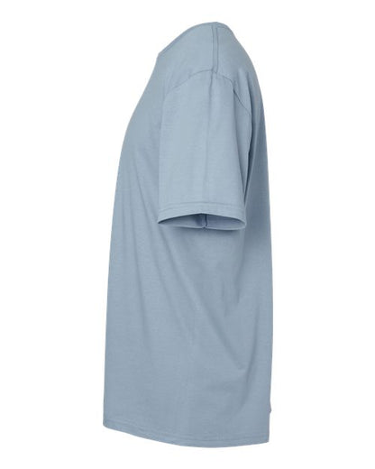Gildan 64000 Softstyle T-shirt in Stone Blue, side view showing the short sleeve and hem.