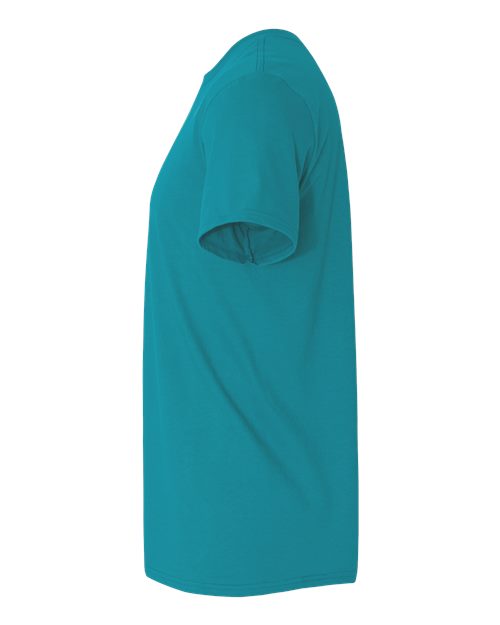 Gildan 64000 Softstyle T-shirt in Tropical Blue, side view showing the short sleeve and hem.
