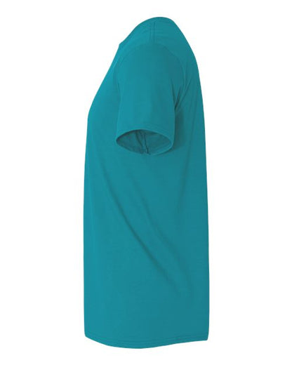 Gildan 64000 Softstyle T-shirt in Tropical Blue, side view showing the short sleeve and hem.