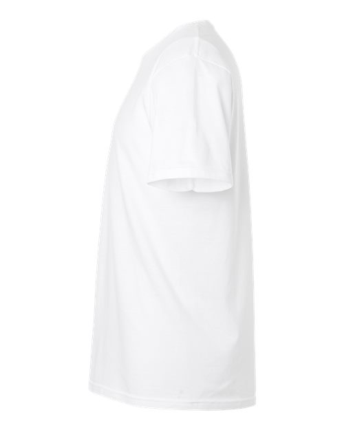 Gildan 64000 Softstyle T-shirt in White, side view showing the short sleeve and hem.