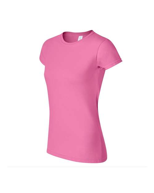 Gildan 64000L Softstyle women's T-shirt in Azalea, angled front view showing the crew neckline and short sleeves.