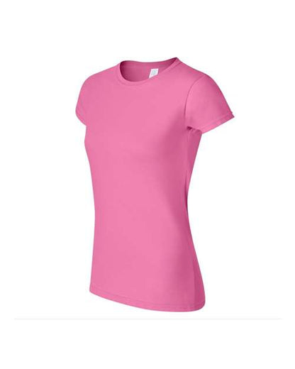 Gildan 64000L Softstyle women's T-shirt in Azalea, angled front view showing the crew neckline and short sleeves.