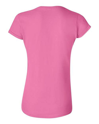 Gildan 64000L Softstyle women's T-shirt in Azalea, back view showing the neckline and short sleeves.