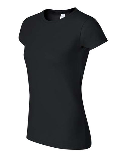 Gildan 64000L Softstyle women's T-shirt in Black, angled front view showing the crew neckline and short sleeves.