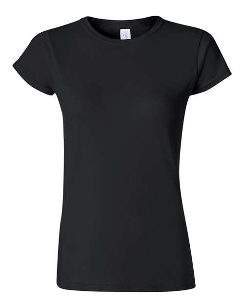 Gildan 64000L Softstyle women's T-shirt in Black, front view showing the crew neckline and short sleeves.