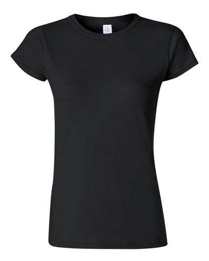Gildan 64000L Softstyle women's T-shirt in Black, front view showing the crew neckline and short sleeves.
