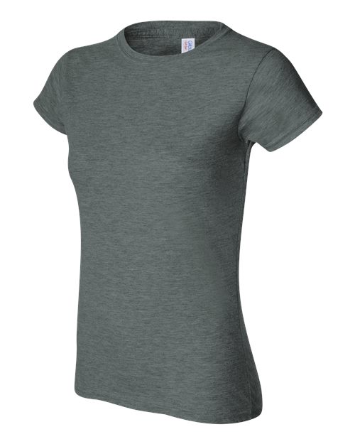 Gildan 64000L Softstyle women's T-shirt in Dark Heather, angled front view showing the crew neckline and short sleeves.
