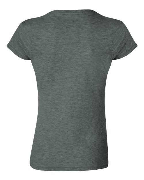 Gildan 64000L Softstyle women's T-shirt in Dark Heather, back view showing the neckline and short sleeves.