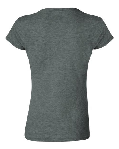 Gildan 64000L Softstyle women's T-shirt in Dark Heather, back view showing the neckline and short sleeves.