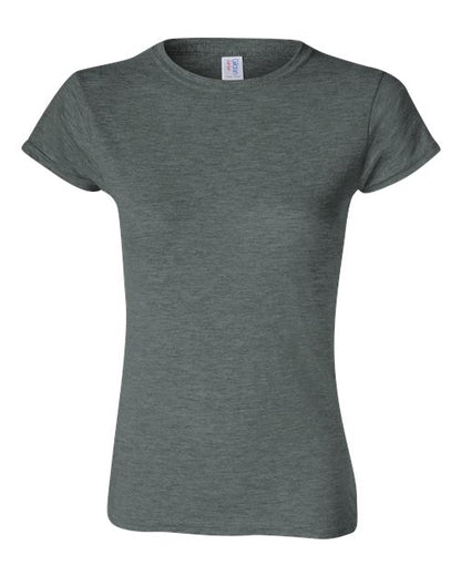 Gildan 64000L Softstyle women's T-shirt in Dark Heather, front view showing the crew neckline and short sleeves.