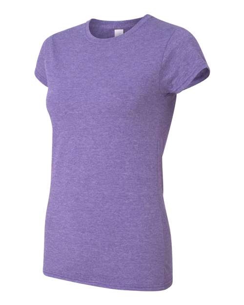 Gildan 64000L Softstyle women's T-shirt in Heather Purple, angled front view showing the crew neckline and short sleeves.