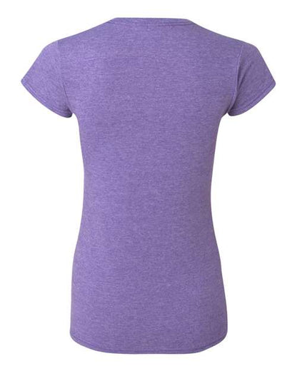 Gildan 64000L Softstyle women's T-shirt in Heather Purple, back view showing the neckline and short sleeves.