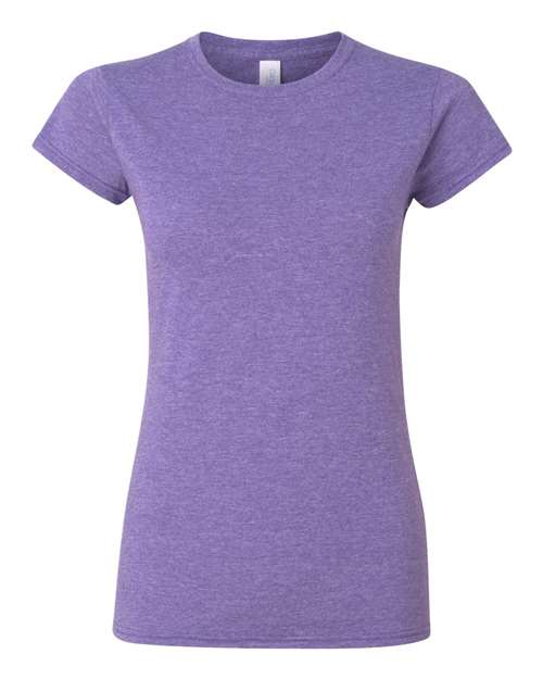 Gildan 64000L Softstyle women's T-shirt in Heather Purple, front view showing the crew neckline and short sleeves.