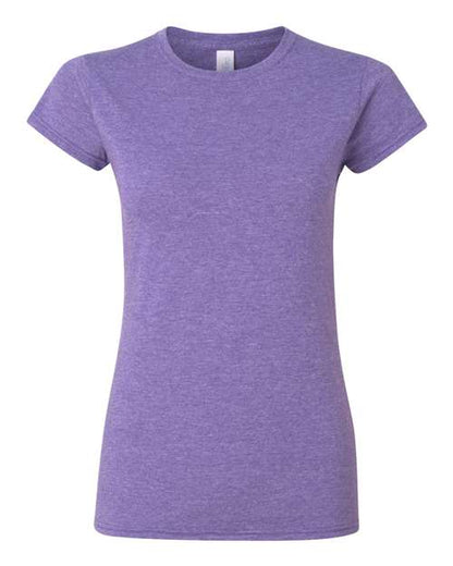 Gildan 64000L Softstyle women's T-shirt in Heather Purple, front view showing the crew neckline and short sleeves.
