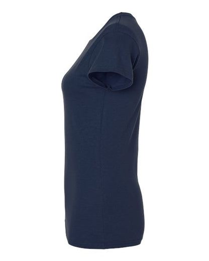 Gildan 64000L Softstyle women's T-shirt in Navy, side view showing the short sleeve and hem.