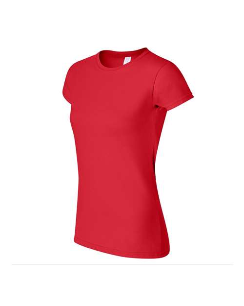 Gildan 64000L Softstyle women's T-shirt in Red, angled front view showing the crew neckline and short sleeves.