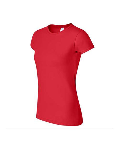 Gildan 64000L Softstyle women's T-shirt in Red, angled front view showing the crew neckline and short sleeves.