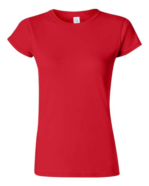Gildan 64000L Softstyle women's T-shirt in Red, front view showing the crew neckline and short sleeves.