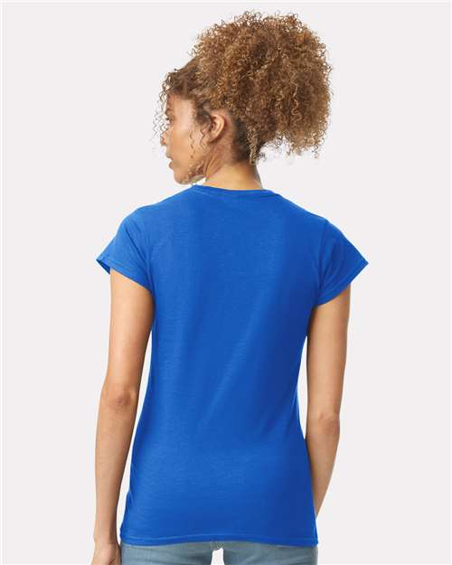 Model wearing a Gildan 64000L Softstyle women's T-shirt in Royal, back view.