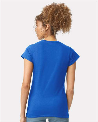 Model wearing a Gildan 64000L Softstyle women's T-shirt in Royal, back view.