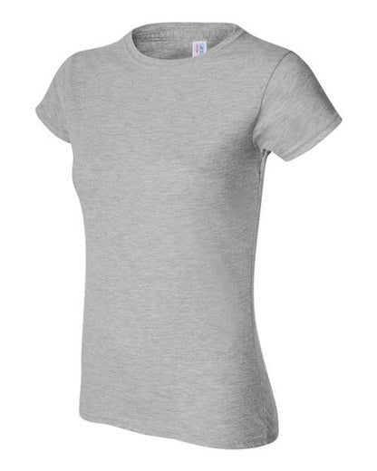 Gildan 64000L Softstyle women's T-shirt in Sport Grey, angled front view showing the crew neckline and short sleeves.