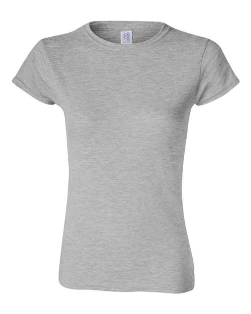 Gildan 64000L Softstyle women's T-shirt in Sport Grey, front view showing the crew neckline and short sleeves.