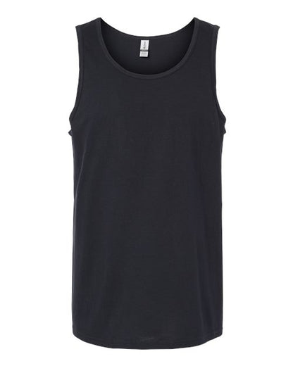 Gildan 64200 Softstyle men's tank top in Black, front view showing the neckline and sleeveless cut.