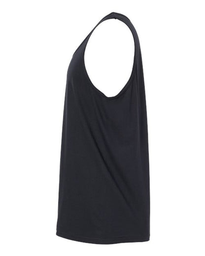 Gildan 64200 Softstyle men's tank top in Black, side view showing the armhole and hem.