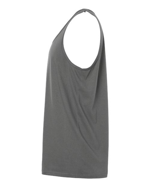 Gildan 64200 Softstyle men's tank top in Charcoal, side view showing the armhole and hem.