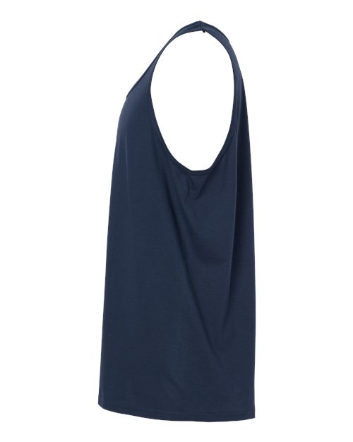 Gildan 64200 Softstyle men's tank top in Navy, side view showing the armhole and hem.