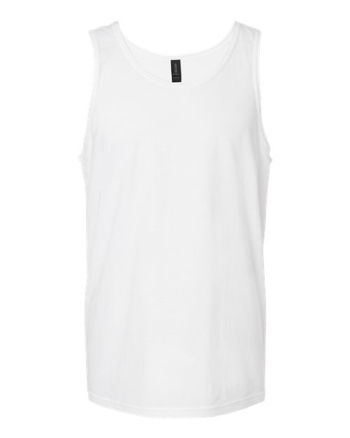 Gildan 64200 Softstyle men's tank top in White, front view showing the neckline and sleeveless cut.
