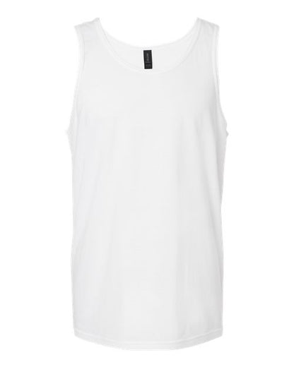 Gildan 64200 Softstyle men's tank top in White, front view showing the neckline and sleeveless cut.
