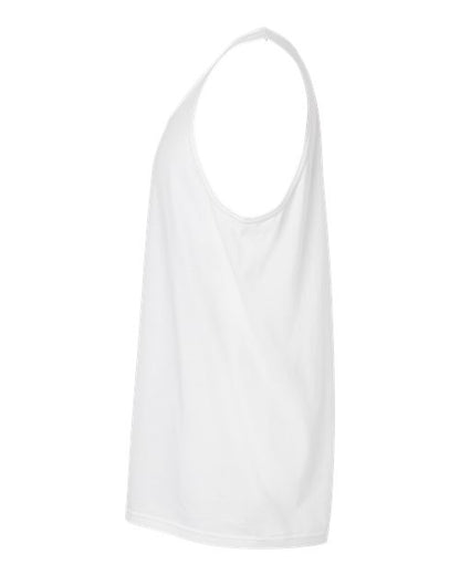 Gildan 64200 Softstyle men's tank top in White, side view showing the armhole and hem.