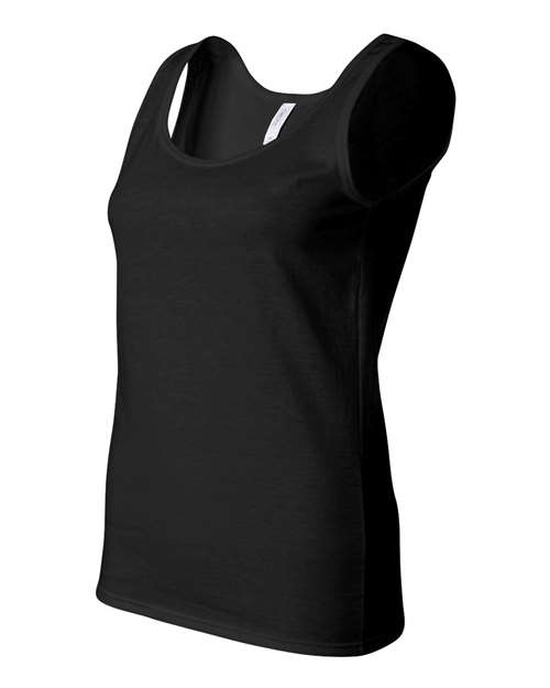 Gildan 64200L Softstyle women's tank top in Black, angled front view showing the neckline and sleeveless cut.
