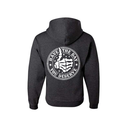 Heather Black Have the Day You Deserve graphic hoodie, back view showing the circular skeleton hand graphic.